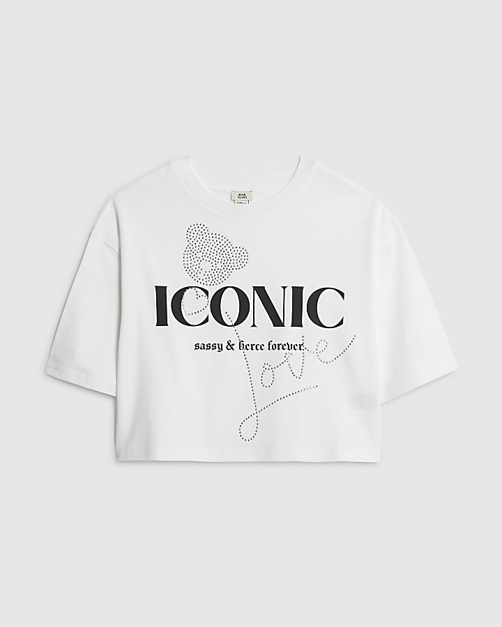 Girls White Diamante Hotfix T-Shirt