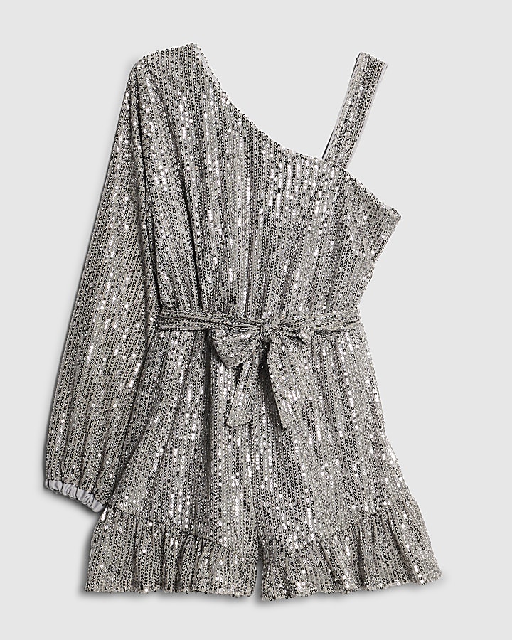 Girls Silver Sequin One Shoulder Playsuit