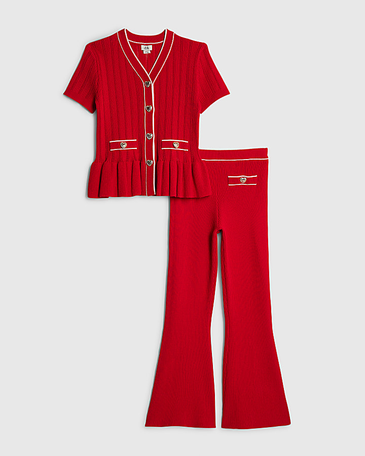 Girls Red Peplum Hem Short Sleeve Top Set