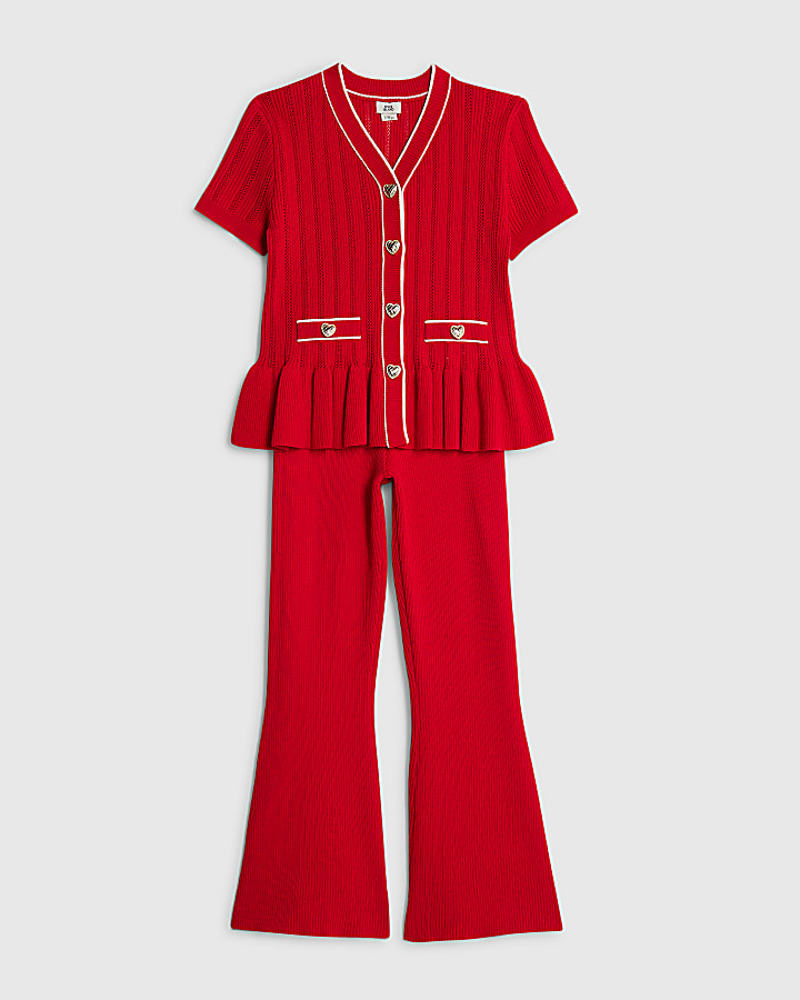 Girls Red Peplum Hem Short Sleeve Top Set