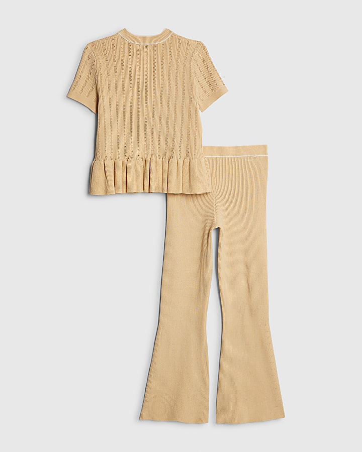 Girls Beige Peplum Hem Short Sleeve Top Set