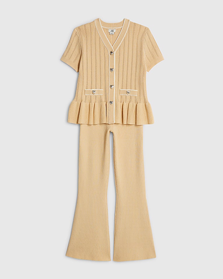 Girls Beige Peplum Hem Short Sleeve Top Set