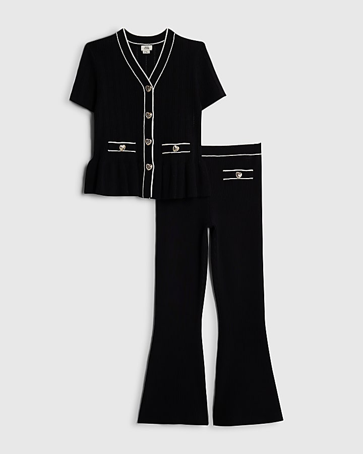 Girls Black Peplum Hem Short Sleeve Top Set