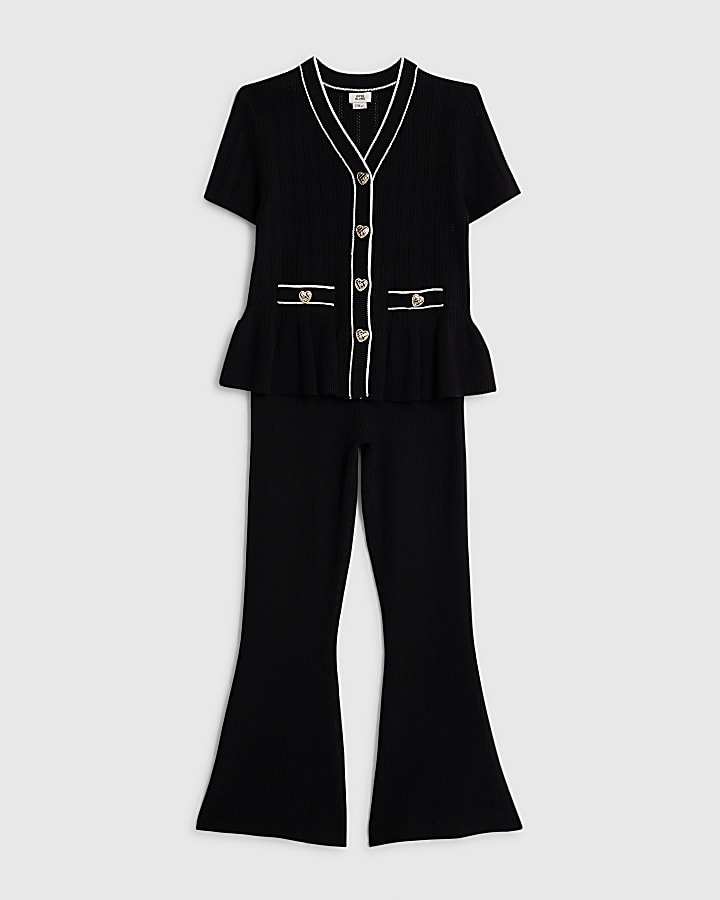 Girls Black Peplum Hem Short Sleeve Top Set