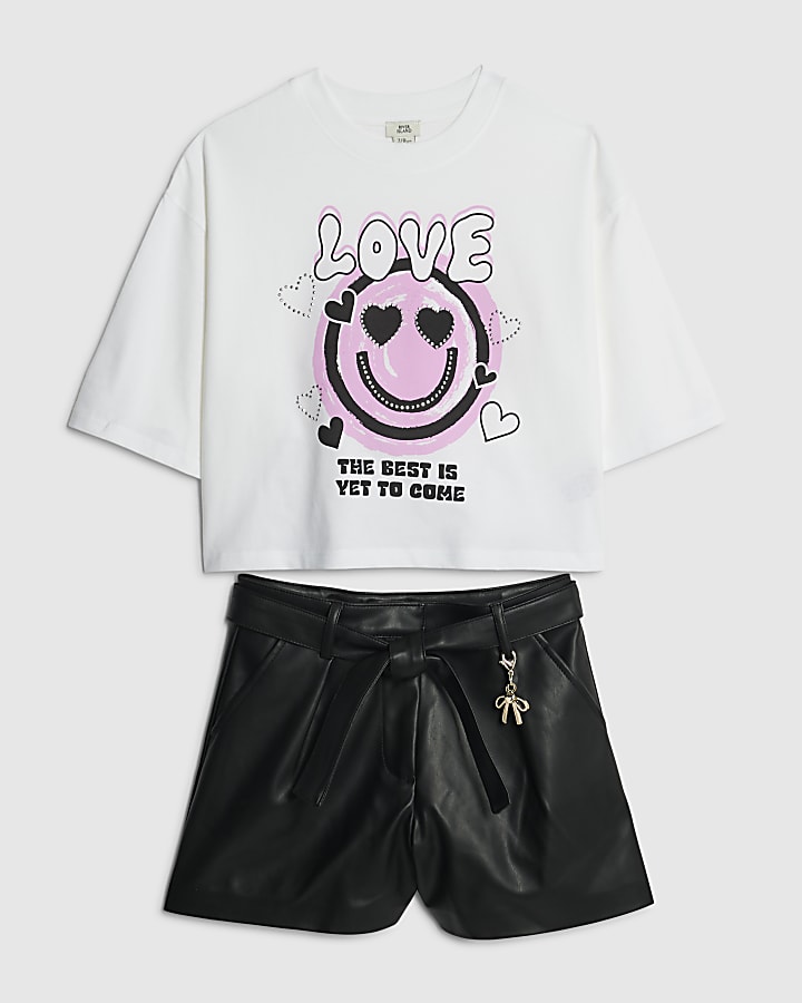 Girls White Smiley Face T-Shirt Set