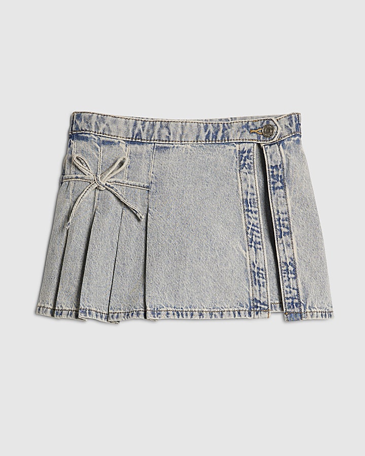 Girls Blue Bow Pleated Denim Skort
