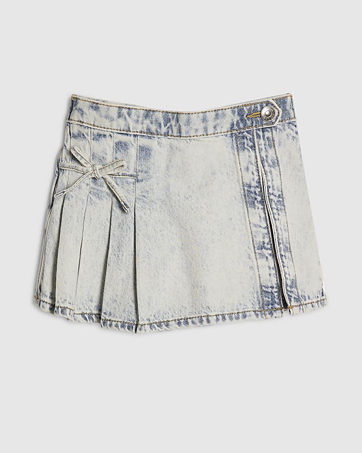 Mini Girls Blue Bow Pleated Denim Skort