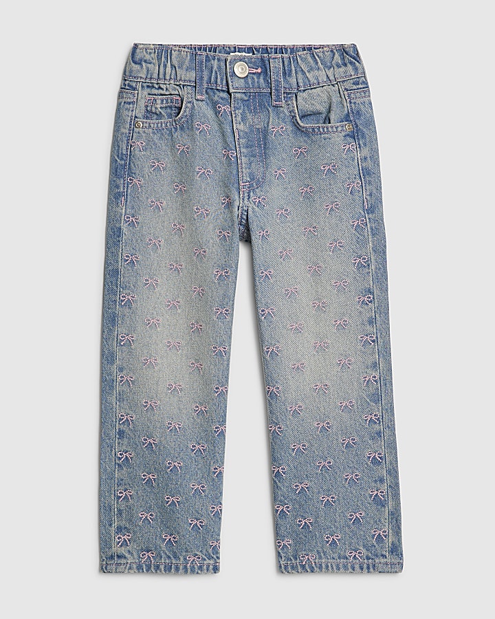 Mini Girls Blue Embroidered Bow Jeans