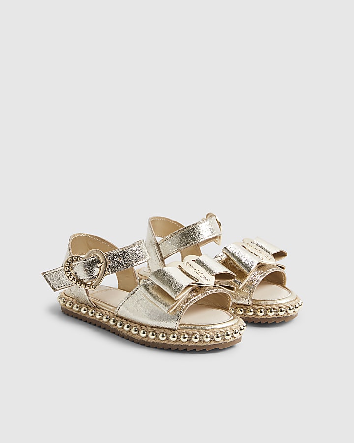 Mini Girls Gold Metallic Bow Sandals