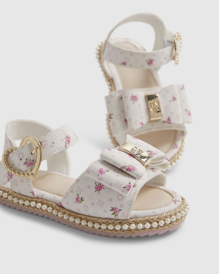 Mini Girls White Ditsy Rose Bow Sandals