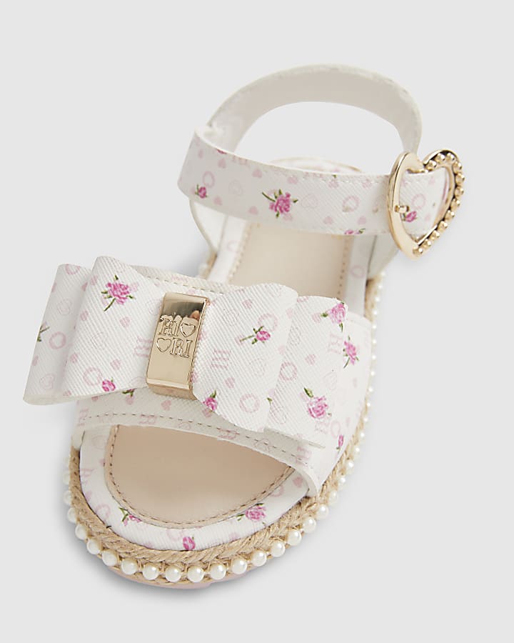 Mini Girls White Ditsy Rose Bow Sandals