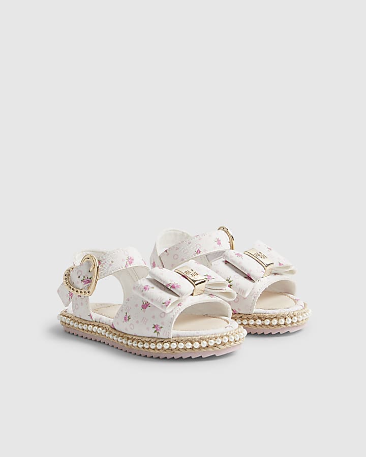 Mini Girls White Ditsy Rose Bow Sandals