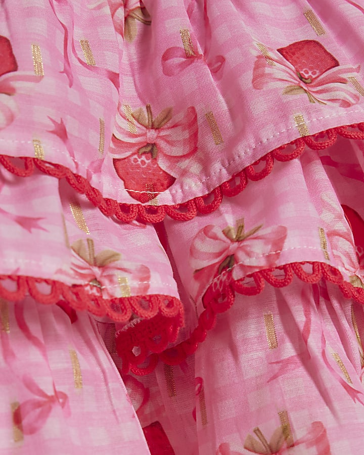 Mini Girls Pink Strawberry Bow Skirt Set