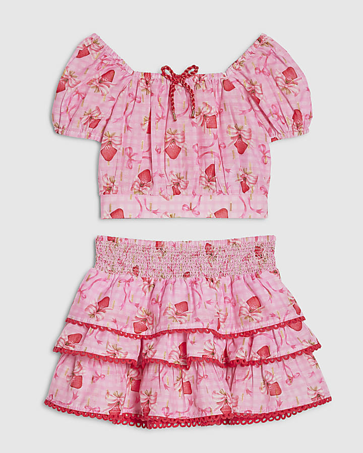 Mini Girls Pink Strawberry Bow Skirt Set