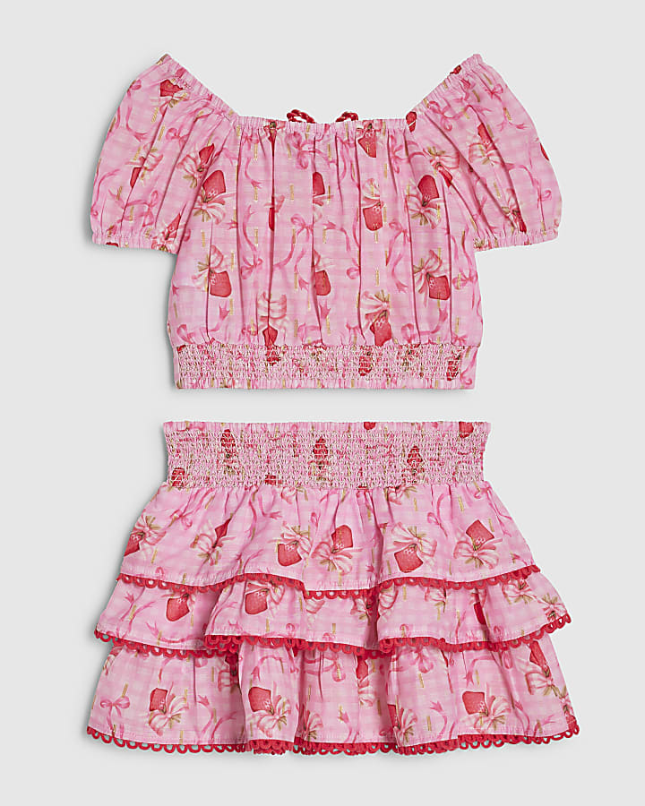 Mini Girls Pink Strawberry Bow Skirt Set