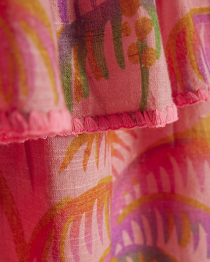 Girls Orange Palm Print Bow Dress