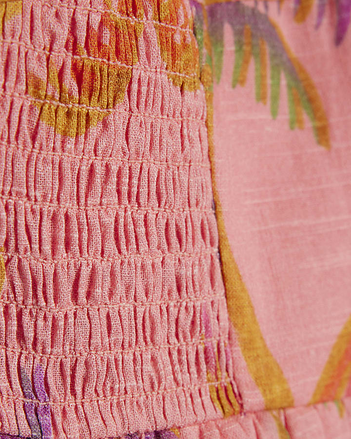 Girls Orange Palm Print Bow Dress