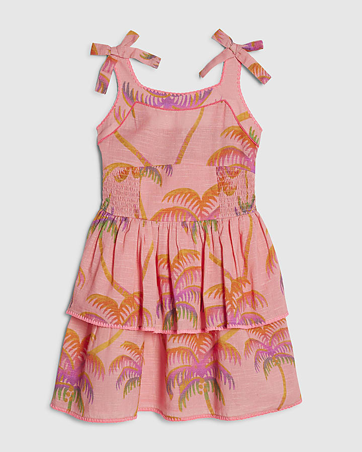 Girls Orange Palm Print Bow Dress