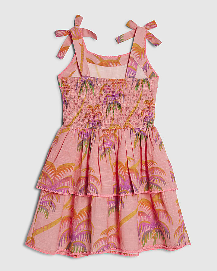 Girls Orange Palm Print Bow Dress