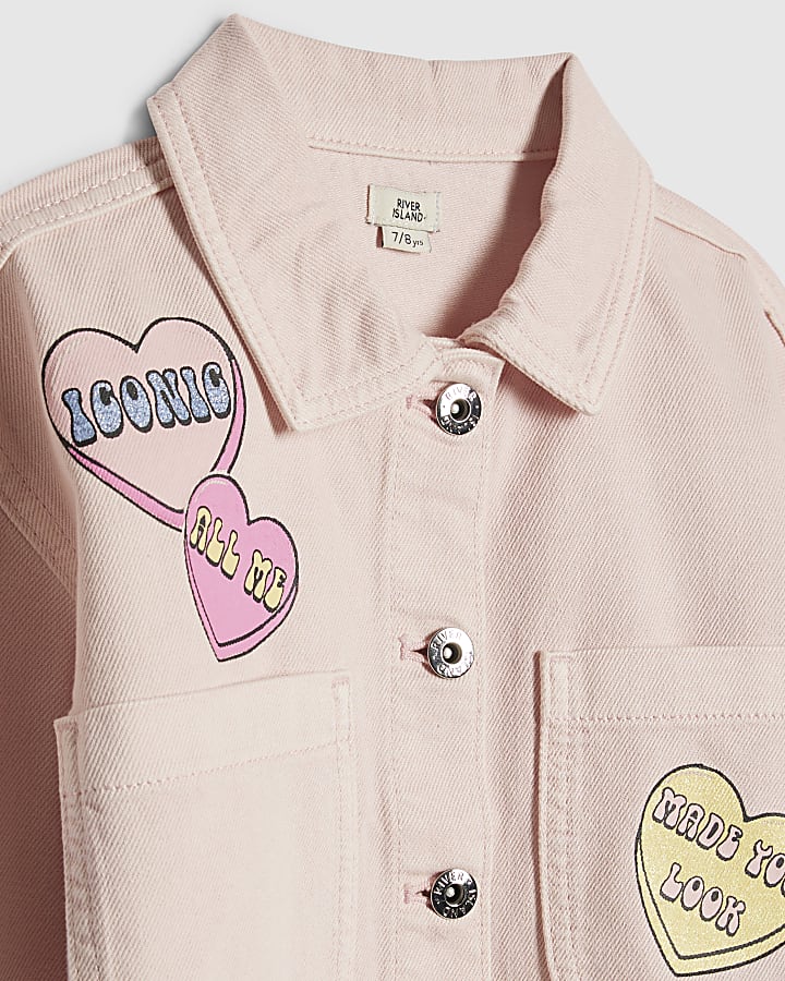Girls Pink Love Heart Denim Jacket