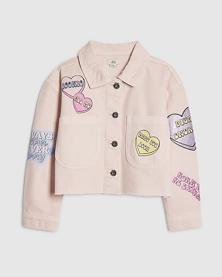 Girls Pink Love Heart Denim Jacket