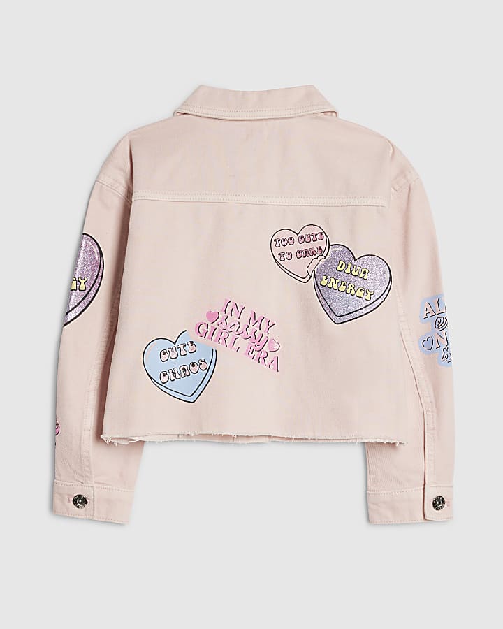 Girls Pink Love Heart Denim Jacket