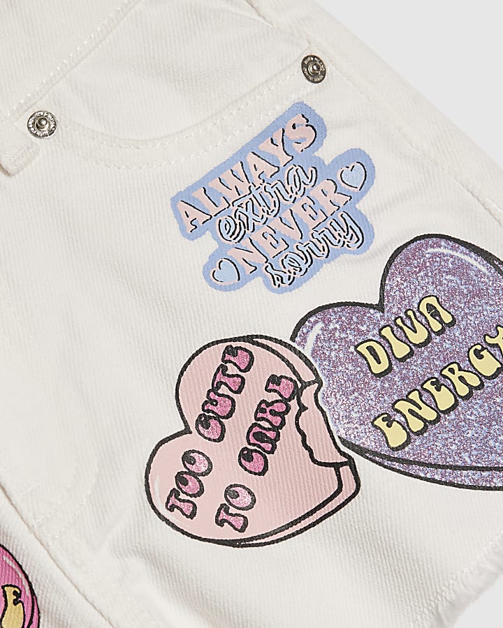 Girls White Denim Love Heart Shorts