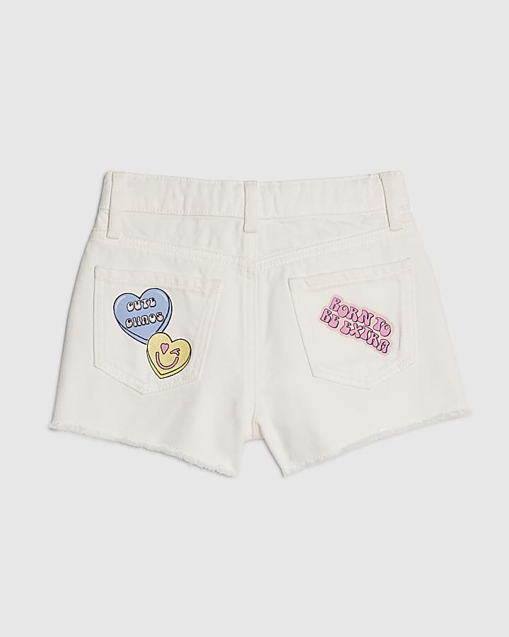Girls White Denim Love Heart Shorts