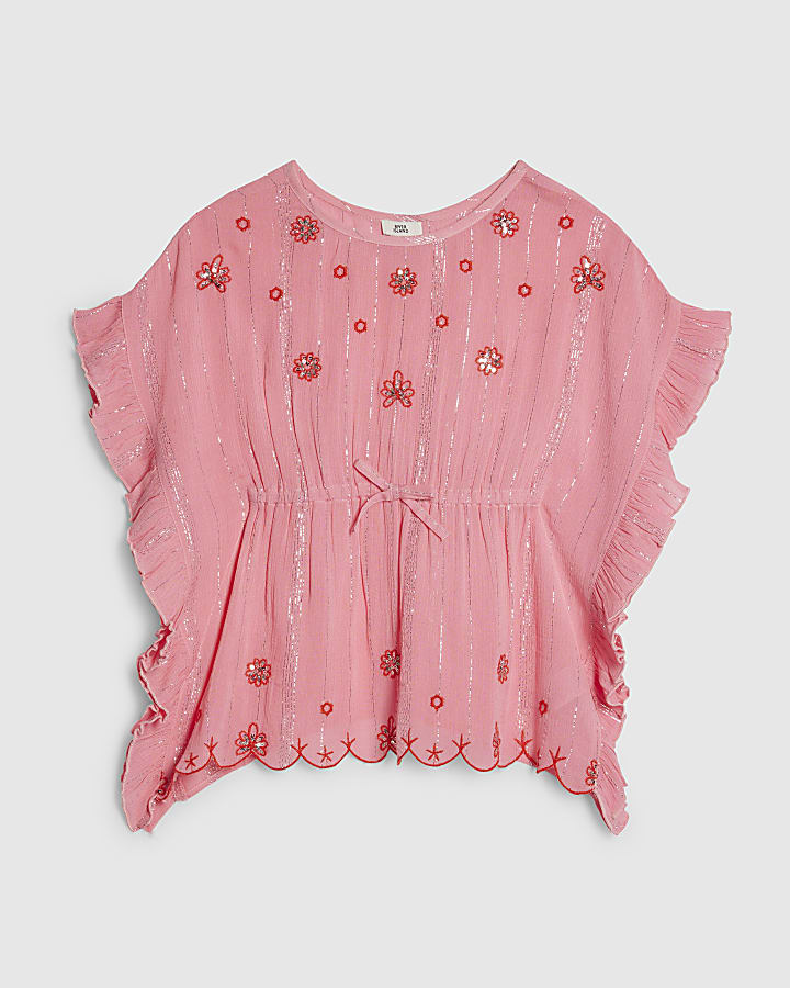 Mini Girls Pink Embellished Kaftan