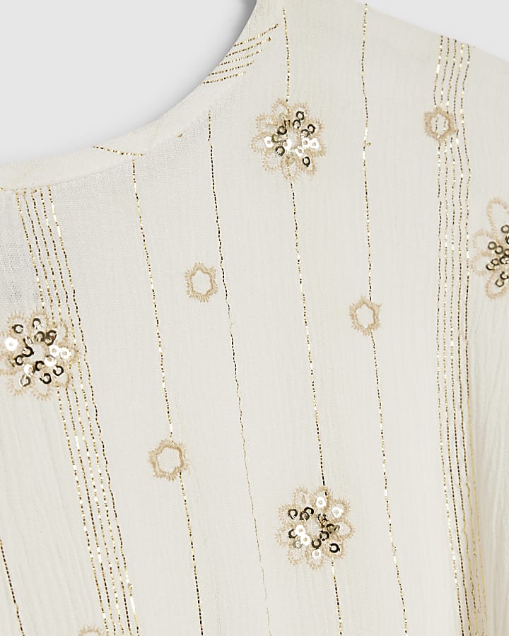 Mini Girls Cream Embroidered Sequin Kaftan