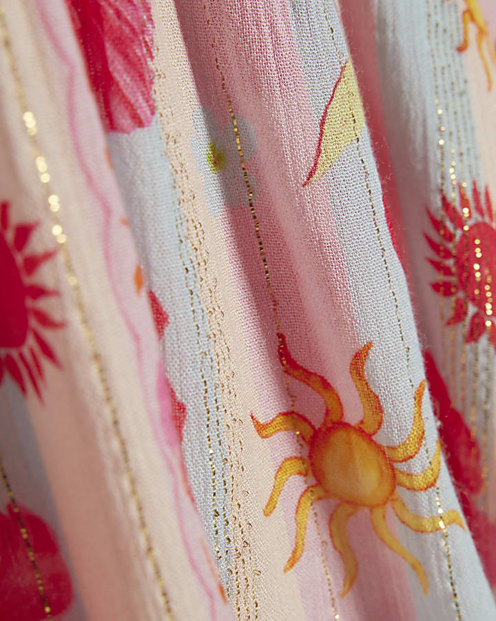 Girls Blue Beach Print Stripe Kaftan