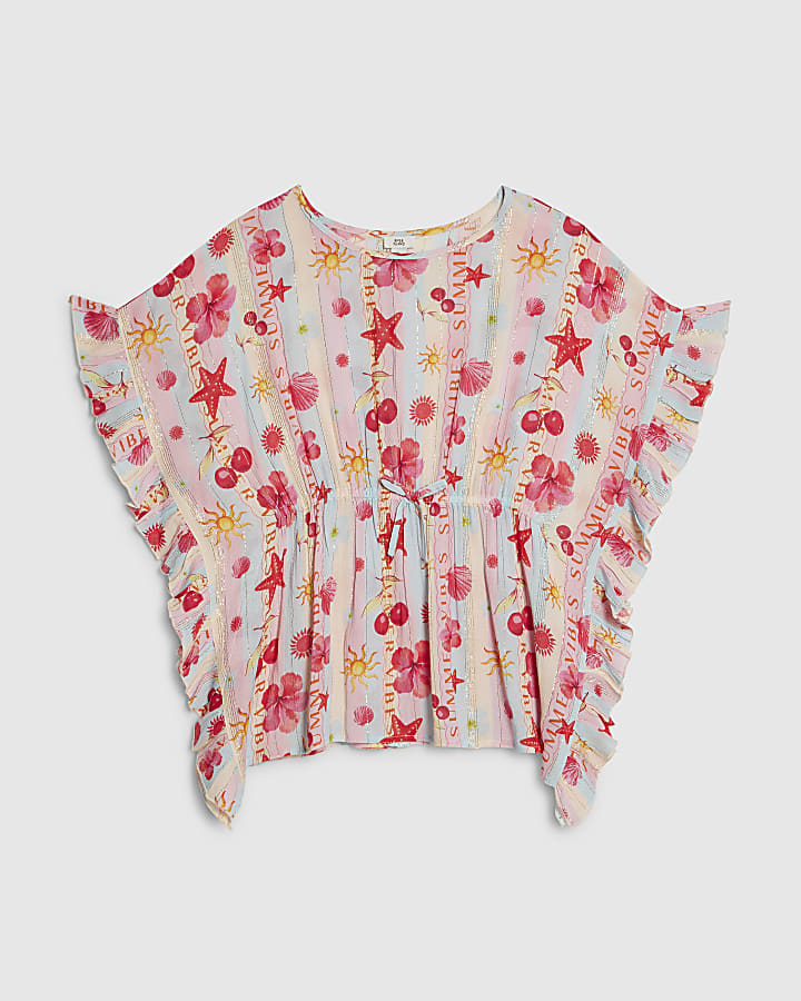 Girls Blue Beach Print Stripe Kaftan