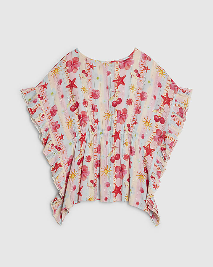 Girls Blue Beach Print Stripe Kaftan