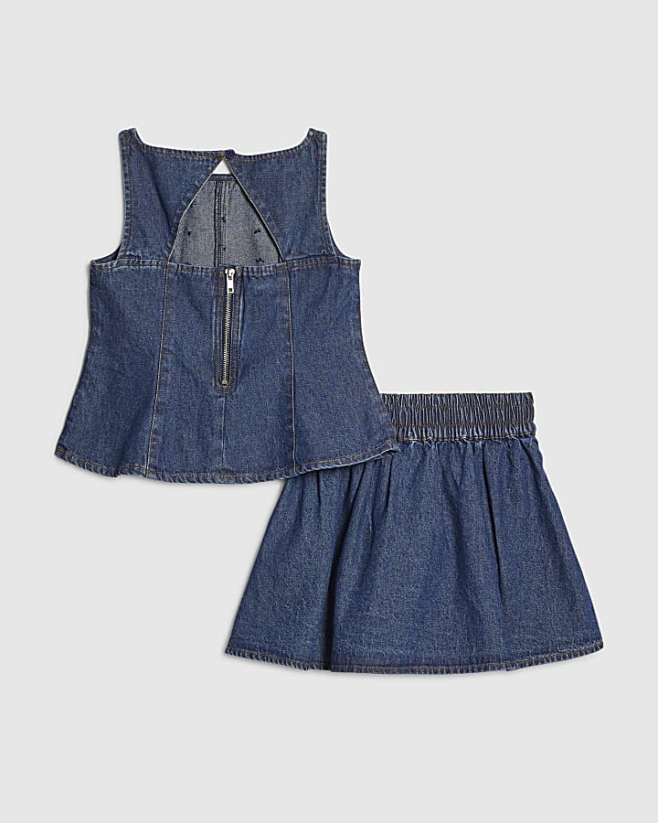 Girls Blue Embellished Peplum Skirt Set