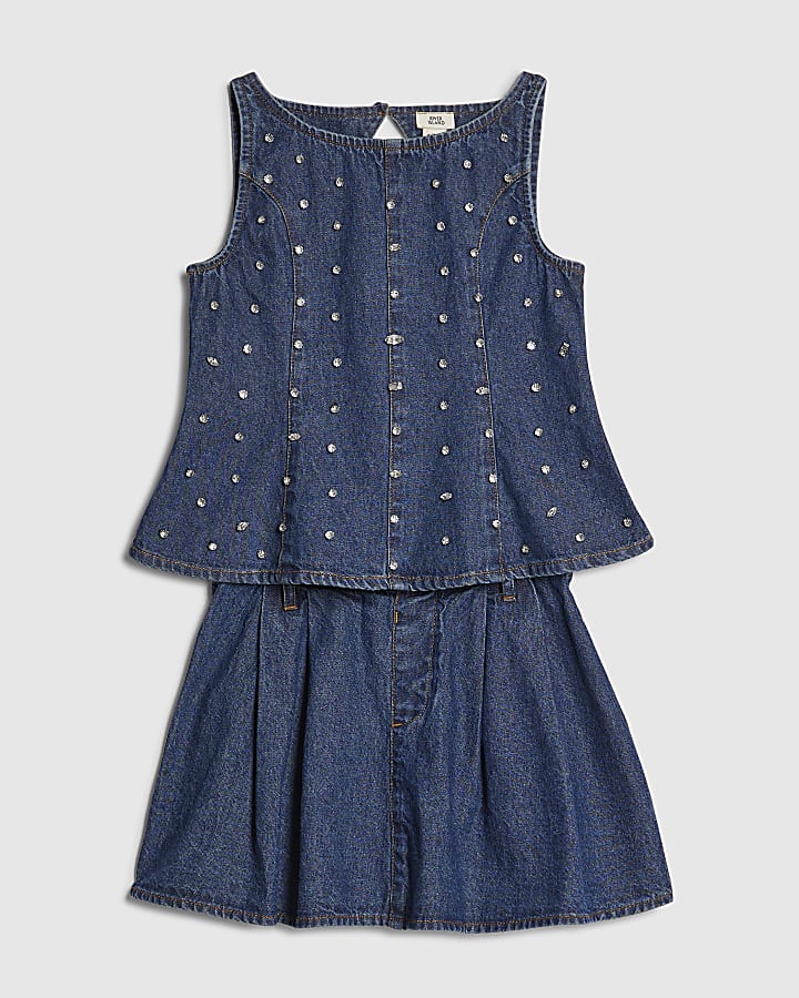 Girls Blue Embellished Peplum Skirt Set