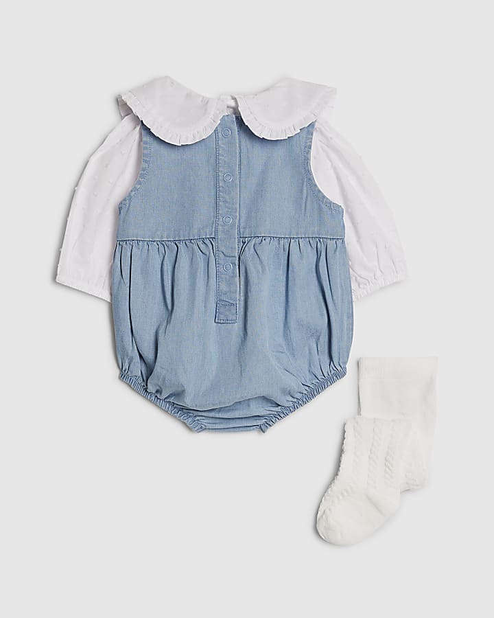 Baby Girls Denim Daisy Romper 3 Piece Set