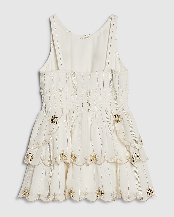 Mini Girls Cream Scalloped Beach Dress