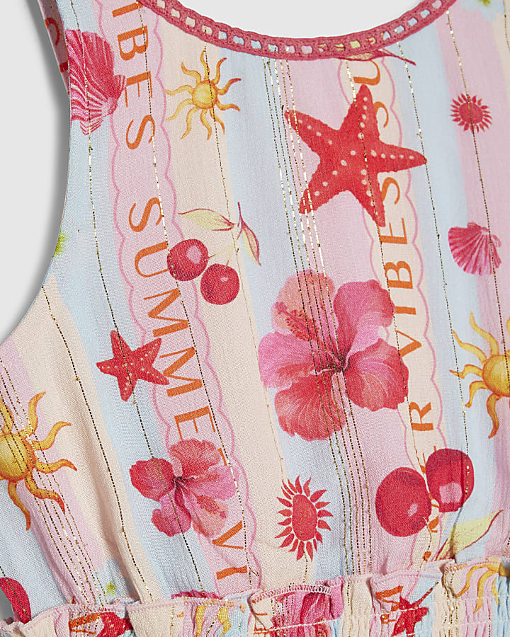 Girls Blue Printed Scalloped Dress