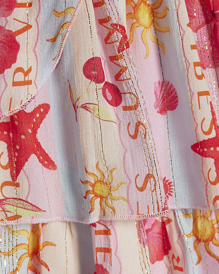 Girls Blue Printed Scalloped Dress