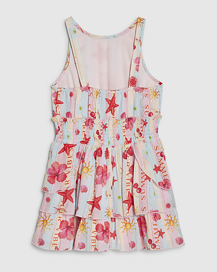 Girls Blue Printed Scalloped Dress