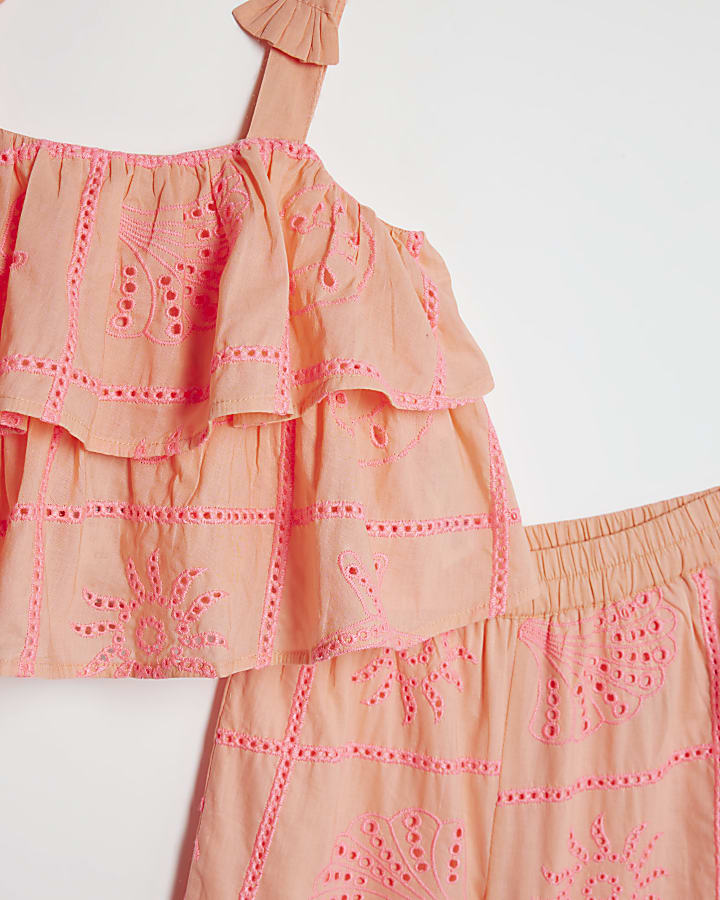 Mini Girls Coral Tiered Broderie Top Set