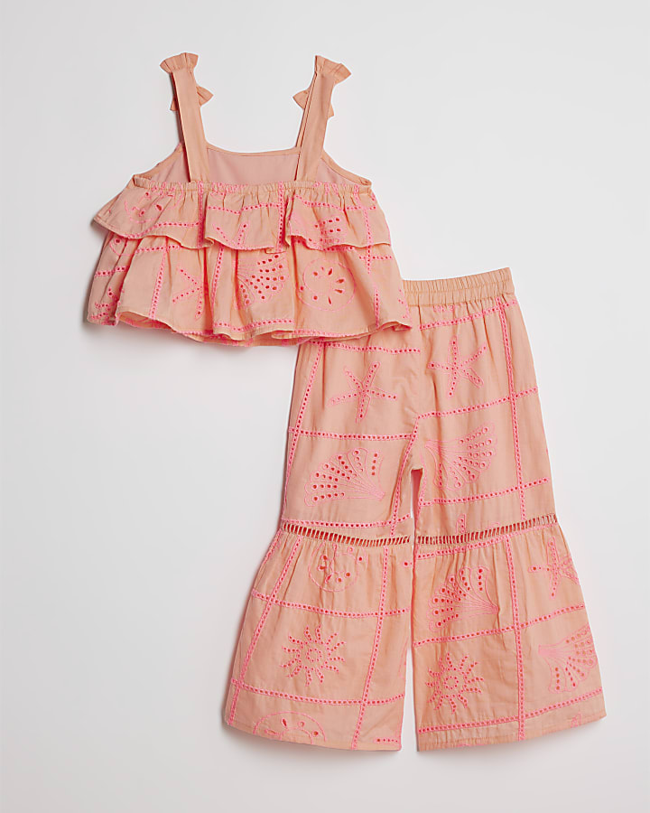 Mini Girls Coral Tiered Broderie Top Set