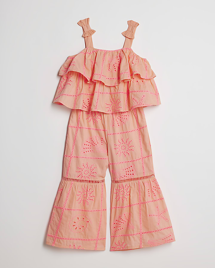 Mini Girls Coral Tiered Broderie Top Set