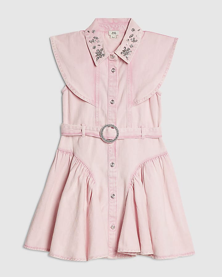 Girls Pink Denim Prom Shirt Dress