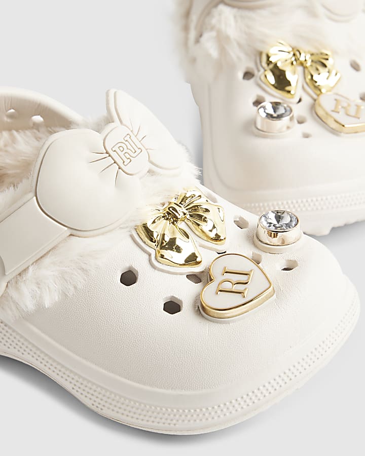 Mini Girls Cream Faux Fur Charm Clogs