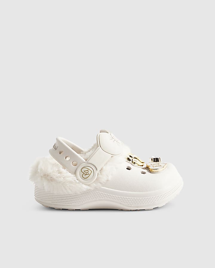 Mini Girls Cream Faux Fur Charm Clogs