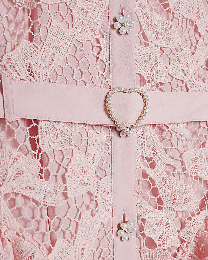 Girls Pink Bow Lace Belted Dress