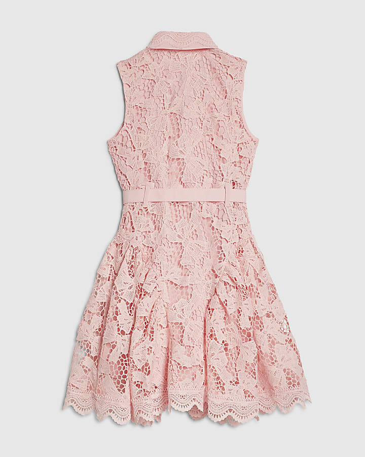 Girls Pink Bow Lace Belted Dress
