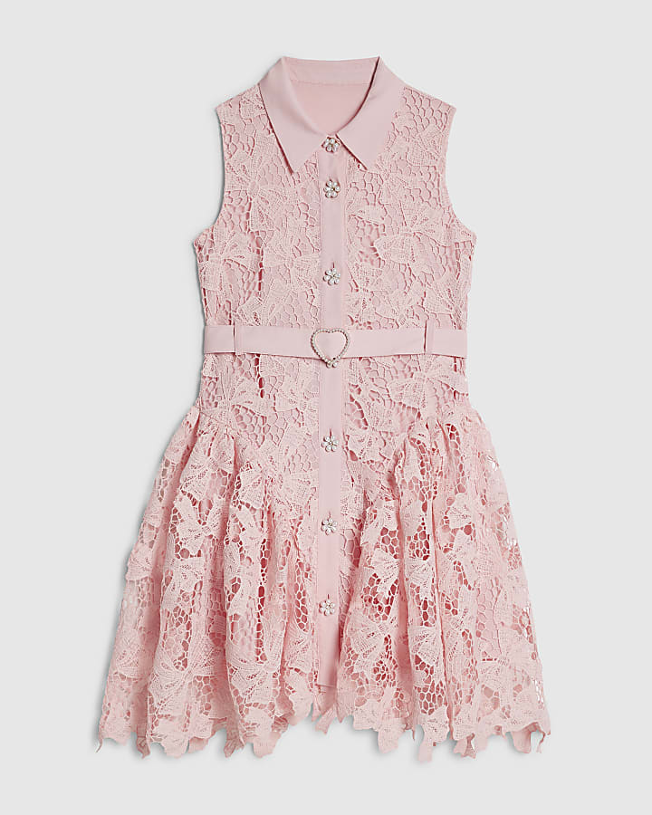 Girls Pink Bow Lace Belted Dress
