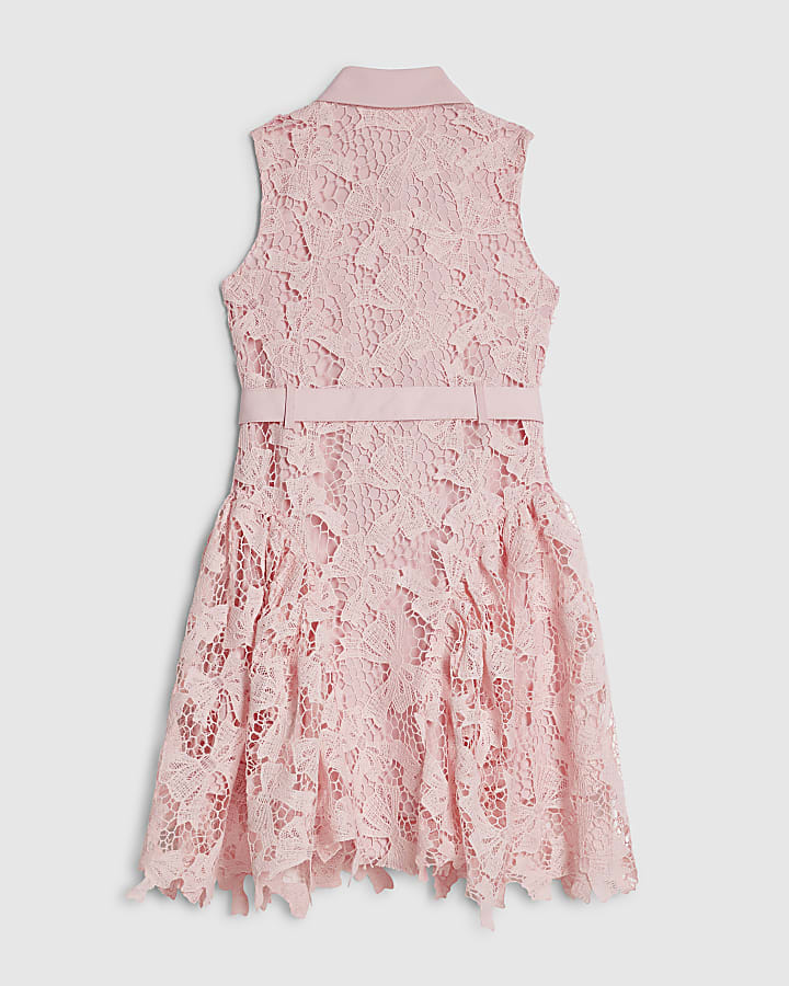 Girls Pink Bow Lace Belted Dress